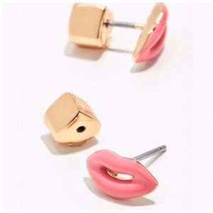NEW Kate Spade Pink and Gold Enamel Lip Lipstick Stud Mouth Earrings Makeup